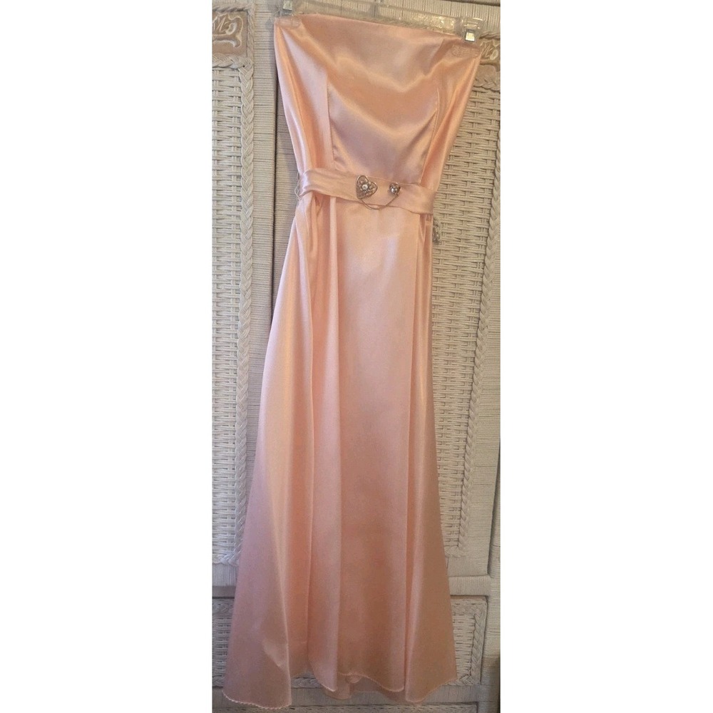 Vtg 80s Dress‎ Peach Tea Length Strapless Bridesmaid Prom Formal Sz Small